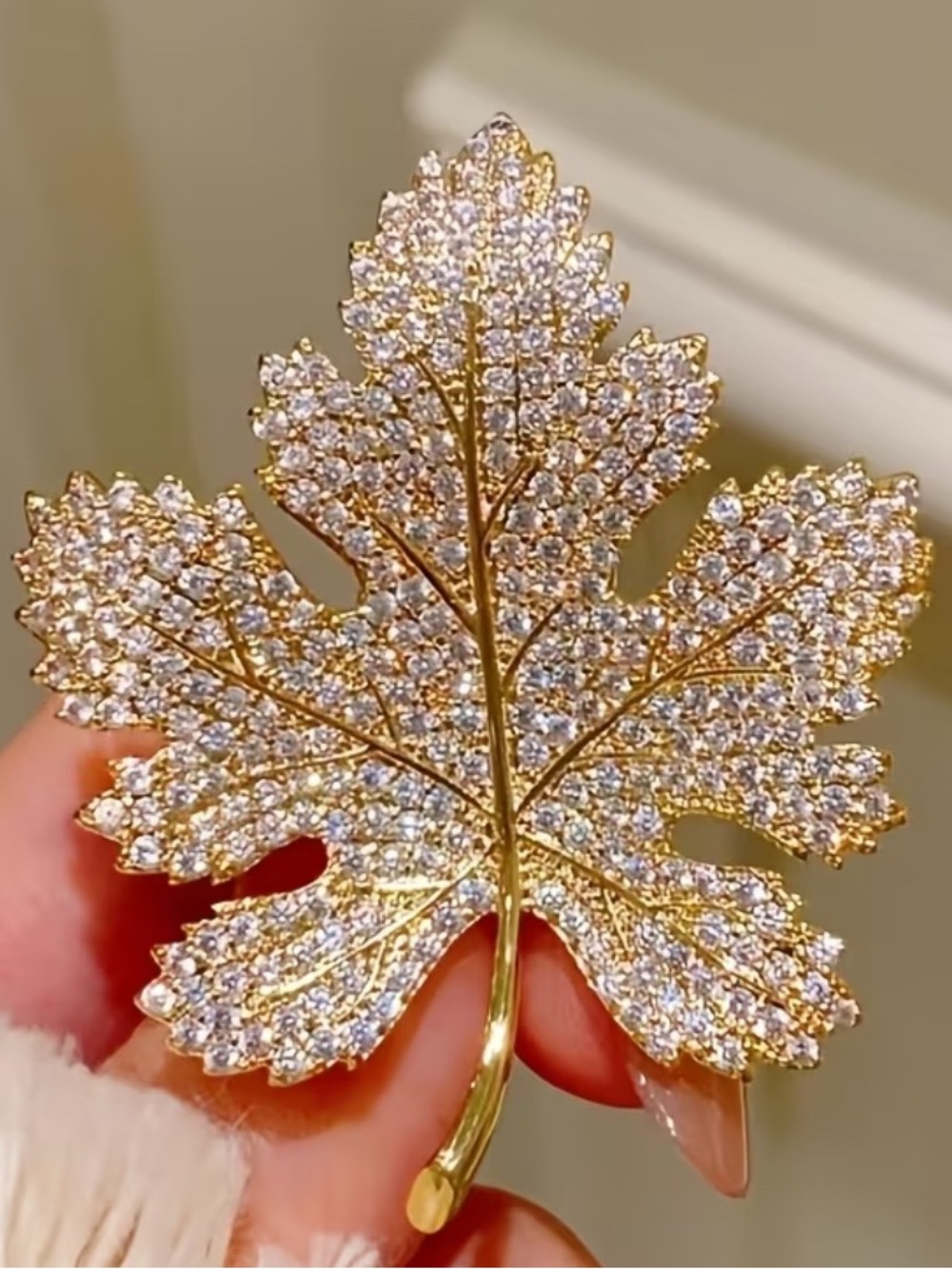 French Style Vintage Gold and Clear Crystal Maple Leaf Brooch